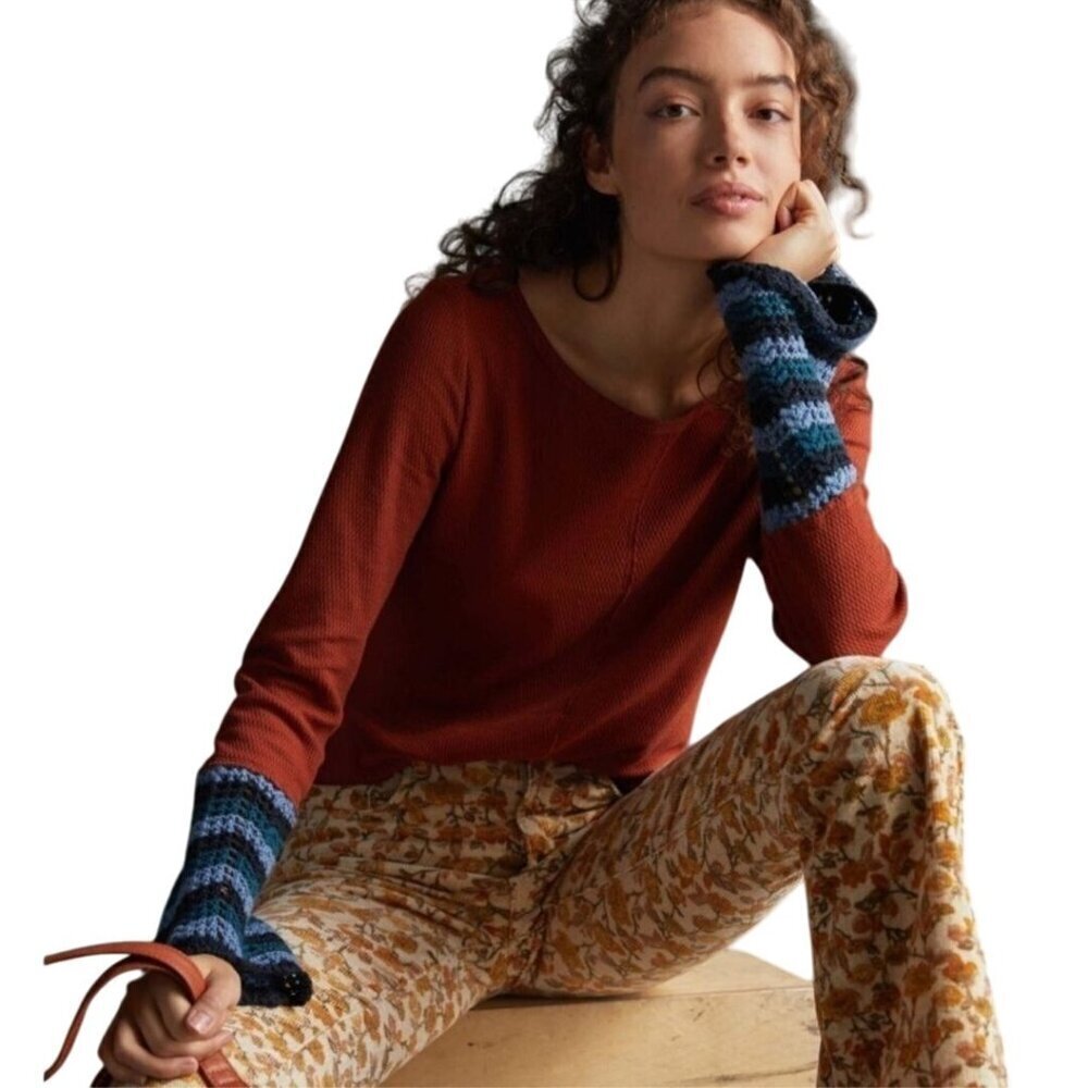Anthropologie Pilcro Crochet Cuff Top Bell Sleeve Cedar Orange Thermal Size S